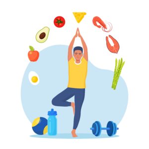 Diet plan. Man doing exercise and planning diet with fruit and vegetable. Guy doing yoga. Dietary eating, meal planning, nutrition consultation, healthy food, sport. Health lifestyle, fitness